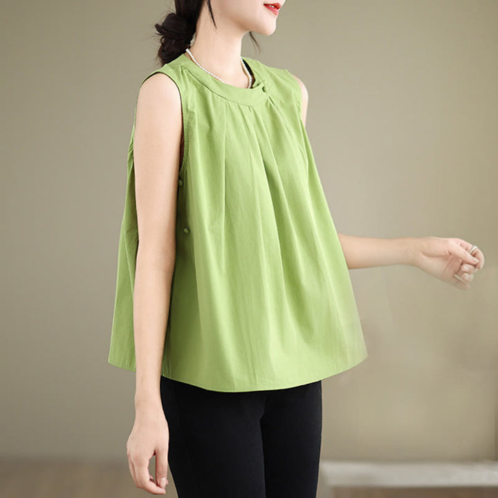 Buddha Stones Summer Solid Color Pleated Design Halter Neck Sleeveless Cotton Linen Women's Vest - image 19