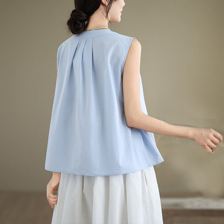 Buddha Stones Summer Solid Color Pleated Design Halter Neck Sleeveless Cotton Linen Women's Vest - image 3