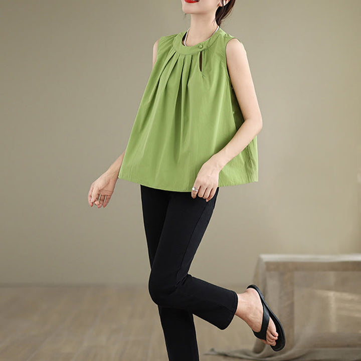 Buddha Stones Summer Solid Color Pleated Design Halter Neck Sleeveless Cotton Linen Women's Vest - image 22