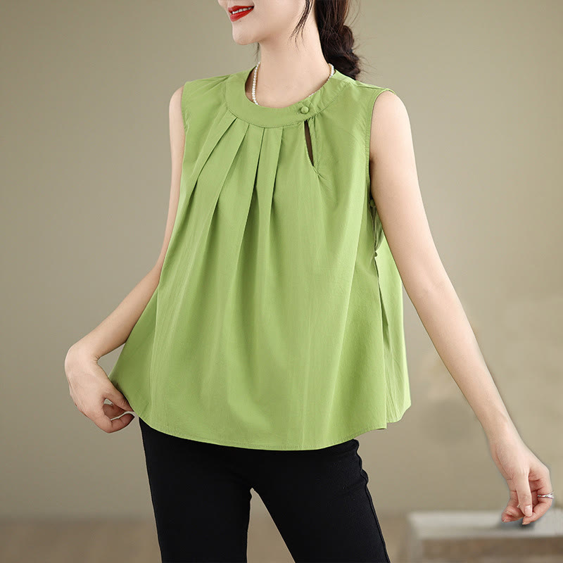 Buddha Stones Summer Solid Color Pleated Design Halter Neck Sleeveless Cotton Linen Women's Vest - LimeGreen - US8-10，UK/AU12-14，EU40-42 (2XL) - image 18