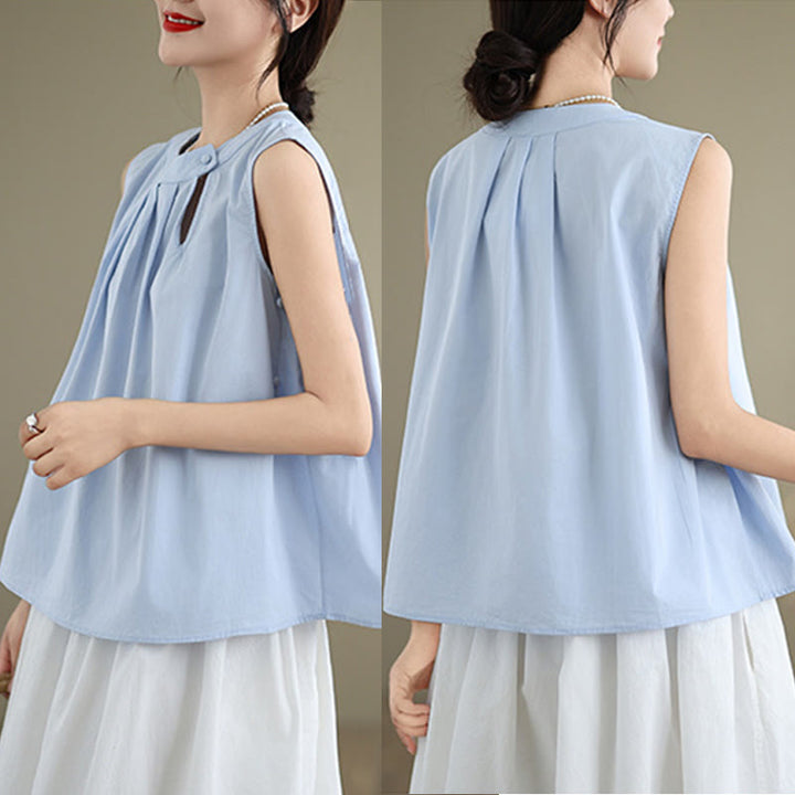 Buddha Stones Summer Solid Color Pleated Design Halter Neck Sleeveless Cotton Linen Women's Vest - image 8