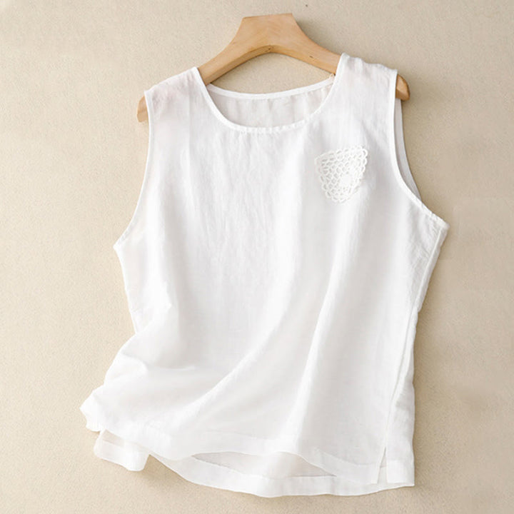 Buddha Stones Casual Pure Color Embroidery Patchwork Design Sleeveless Crew Neck Women's Cotton Linen Vest - White - US12，UK/AU16，EU44 (3XL) - image 19