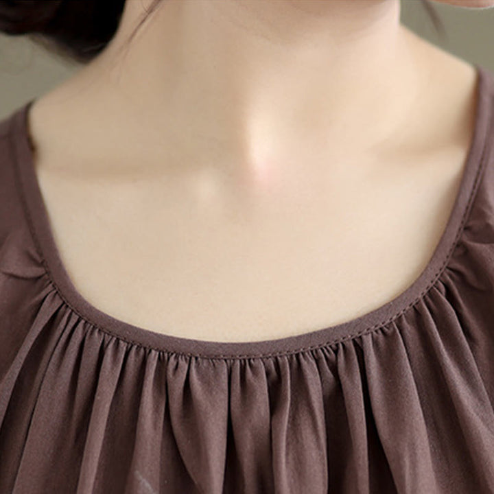 Buddha Stones Summer Artistic Solid Color Pleated Crew Neck Design Women's Cotton Linen  Vest - image 5