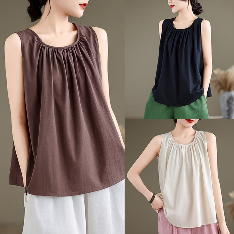 Buddha Stones Summer Artistic Solid Color Pleated Crew Neck Design Women's Cotton Linen  Vest - image 21