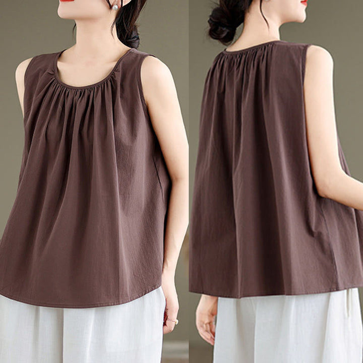 Buddha Stones Summer Artistic Solid Color Pleated Crew Neck Design Women's Cotton Linen  Vest - image 9