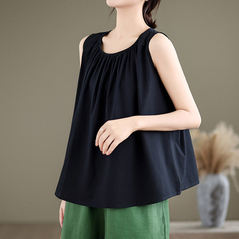 Buddha Stones Summer Artistic Solid Color Pleated Crew Neck Design Women's Cotton Linen  Vest - image 12