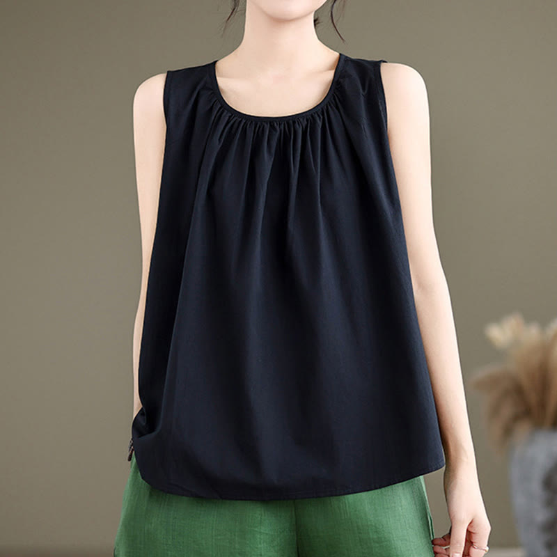 Buddha Stones Summer Artistic Solid Color Pleated Crew Neck Design Women's Cotton Linen  Vest - image 11