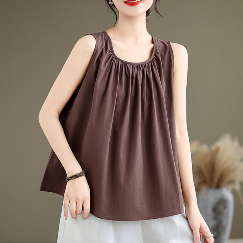 Buddha Stones Summer Artistic Solid Color Pleated Crew Neck Design Women's Cotton Linen  Vest - image 2