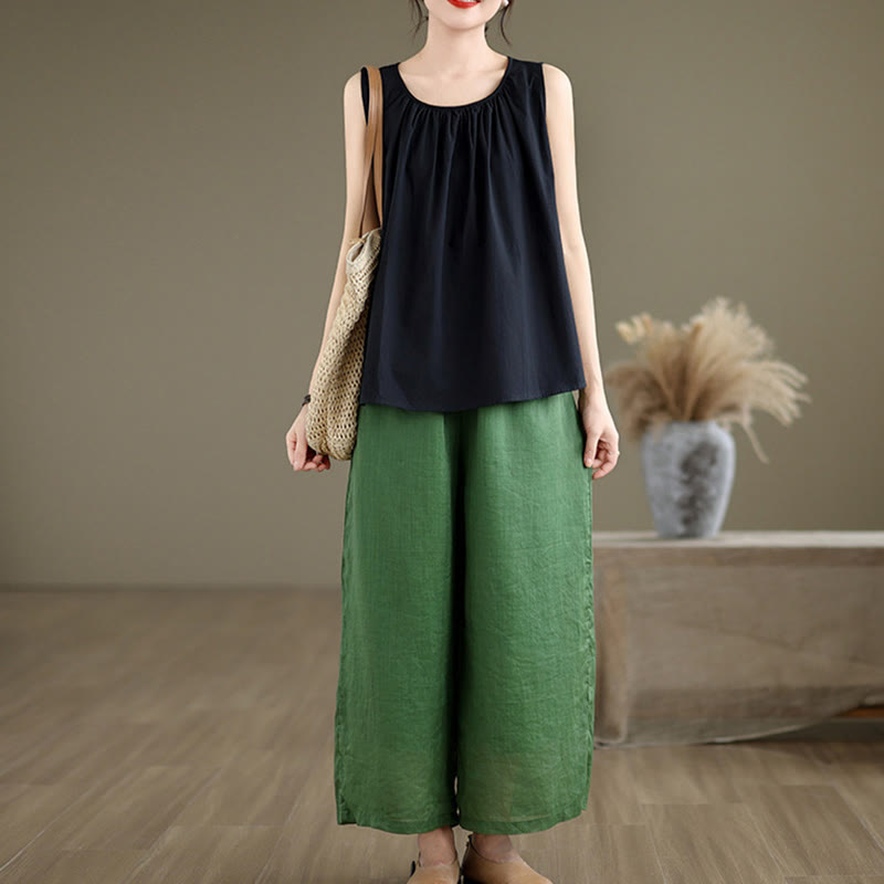 Buddha Stones Summer Artistic Solid Color Pleated Crew Neck Design Women's Cotton Linen  Vest - image 13