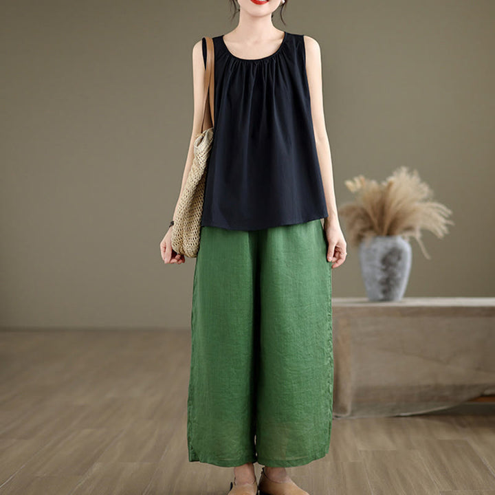 Buddha Stones Summer Artistic Solid Color Pleated Crew Neck Design Women's Cotton Linen  Vest - image 13