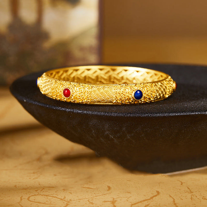 Buddha Stones 925 Sterling Silver Golden Auspicious Clouds Hollow Design Protection Bracelet Bangle 2.20 IN (56 MM) - 56 mm - image 0