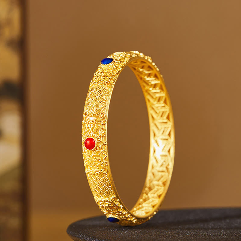 Buddha Stones 925 Sterling Silver Golden Auspicious Clouds Hollow Design Protection Bracelet Bangle 2.20 IN (56 MM) - image 1