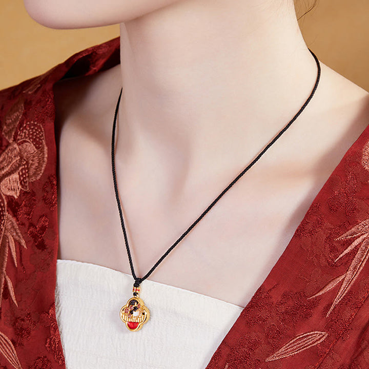 Buddha Stones 925 Sterling Silver Plum Blossom Cat Four Leaf Clover Blessing Necklace Pendant - image 5