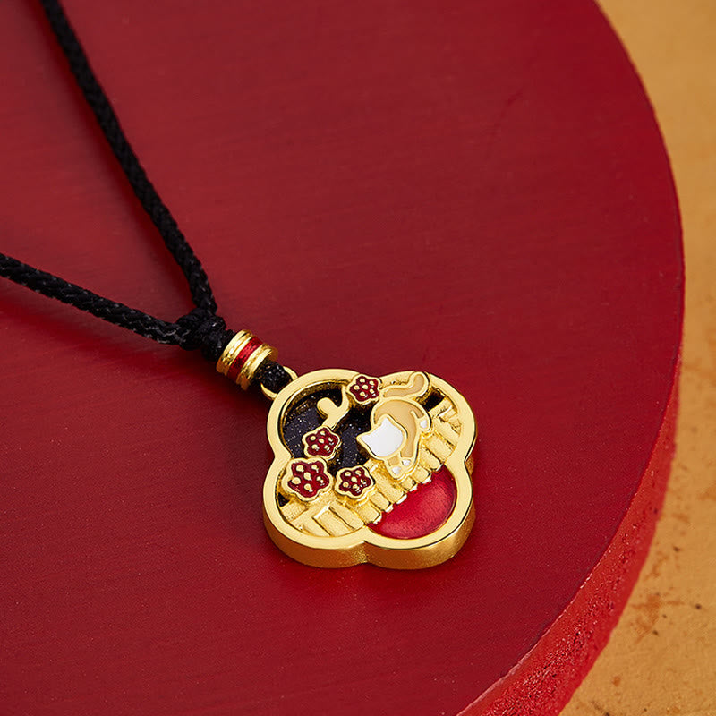 Buddha Stones 925 Sterling Silver Plum Blossom Cat Four Leaf Clover Blessing Necklace Pendant - image 1