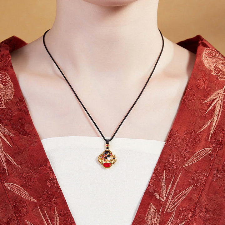 Buddha Stones 925 Sterling Silver Plum Blossom Cat Four Leaf Clover Blessing Necklace Pendant - image 6