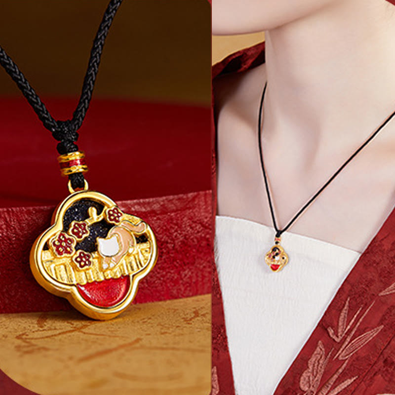 Buddha Stones 925 Sterling Silver Plum Blossom Cat Four Leaf Clover Blessing Necklace Pendant - image 8