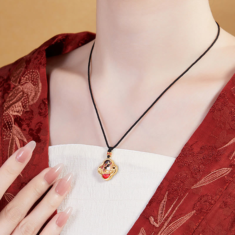 Buddha Stones 925 Sterling Silver Plum Blossom Cat Four Leaf Clover Blessing Necklace Pendant - image 8