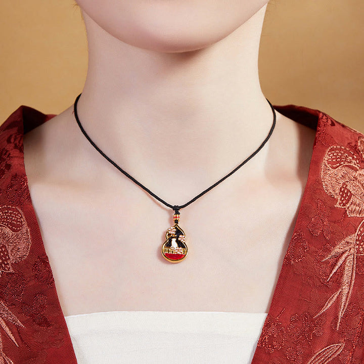 Buddha Stones 925 Sterling Silver Peach Blossom Cat Gourd Pattern Protection Necklace Pendant - image 5