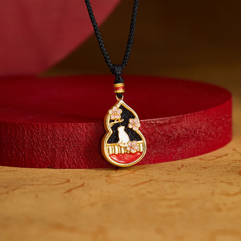 Buddha Stones 925 Sterling Silver Peach Blossom Cat Gourd Pattern Protection Necklace Pendant - image 1