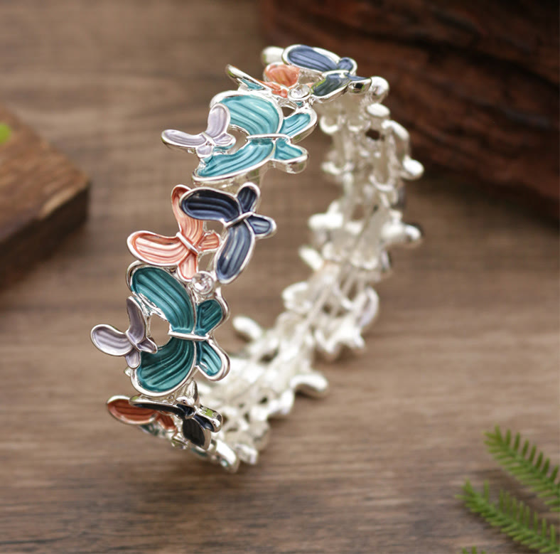 Buddha Stones Colorful Butterfly Love Alloy Elastic Bracelet Bangle - Colorful Butterfly 98mm - image 1