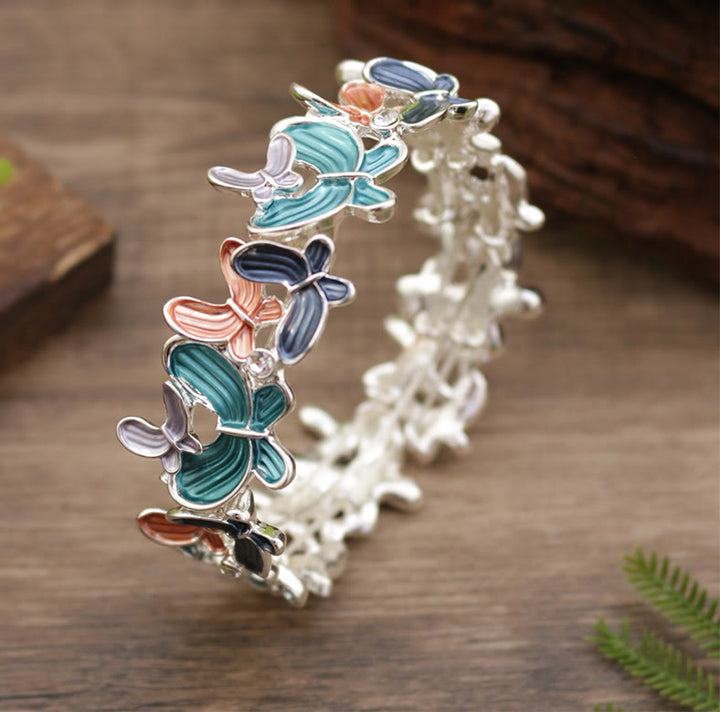 Buddha Stones Colorful Butterfly Love Alloy Elastic Bracelet Bangle - Colorful Butterfly 98mm - image 1