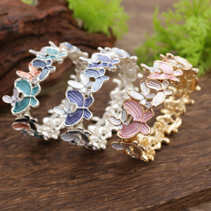 Buddha Stones Colorful Butterfly Love Alloy Elastic Bracelet Bangle - image 9