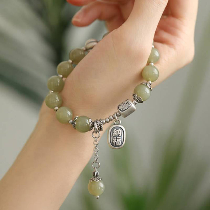 Buddha Stones 925 Sterling Silver Hetian Jade Beads Luck Bracelet