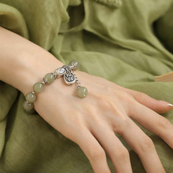 Buddha Stones 925 Sterling Silver Hetian Jade Beads Luck Bracelet