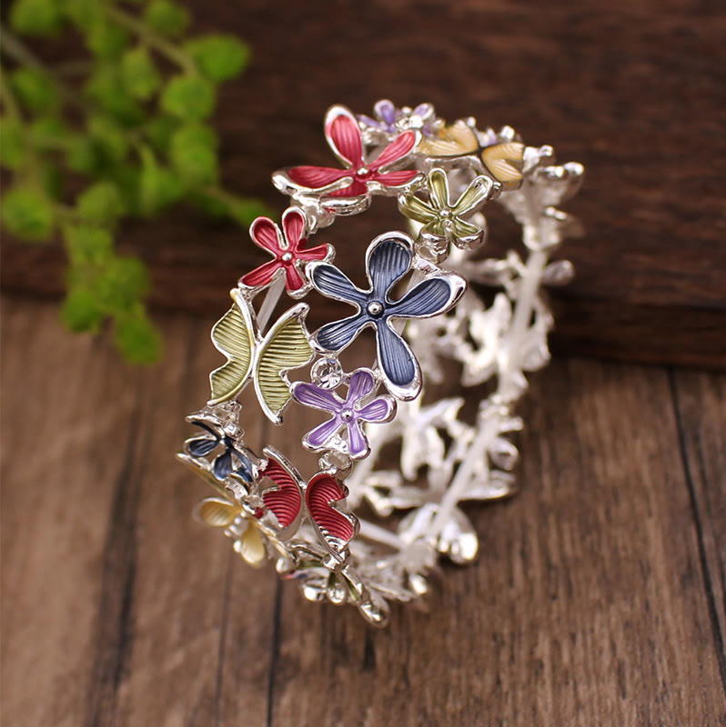 Buddha Stones Colorful Butterfly Flowers Love Alloy Elastic Bracelet Bangle - Red 58mm - image 1