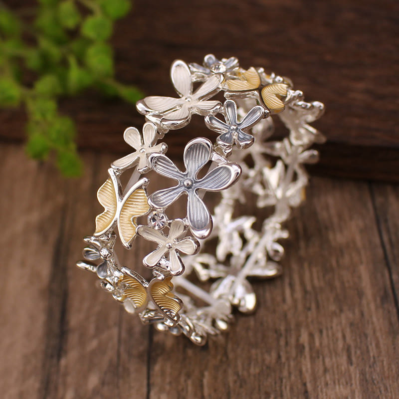 Buddha Stones Colorful Butterfly Flowers Love Alloy Elastic Bracelet Bangle - Yellow 58mm - image 10