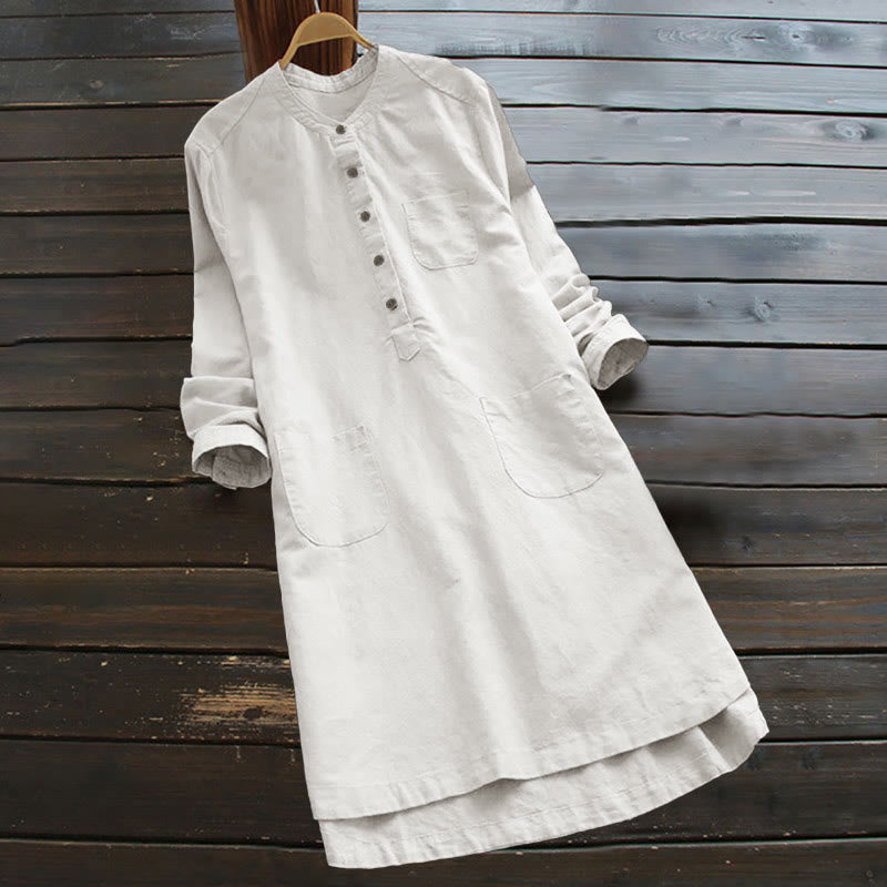 Buddha Stones Solid Buttons Long Sleeve Cotton Linen Women's Shirt Dress With Pockets - White - US16，UK/AU20，EU48 (5XL) - image 1