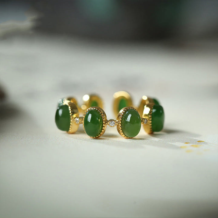 Buddha Stones 925 Sterling Silver Hetian Cyan Jade Beads Healing Adjustable Ring