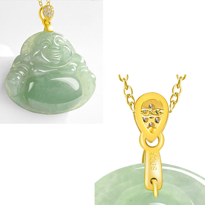 Buddha Stones Natural Jade Laughing Buddha Luck Prosperity Titanium Steel Chain Necklace Pendant - image 8