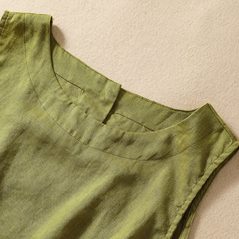 Buddha Stones Casual Solid Color Back Button Asymmetrical Crew Neck Sleeveless Women's Cotton Linen Vest - image 6