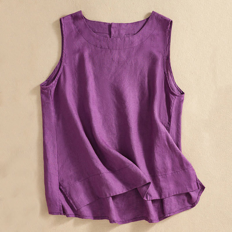 Buddha Stones Casual Solid Color Back Button Asymmetrical Crew Neck Sleeveless Women's Cotton Linen Vest - image 1