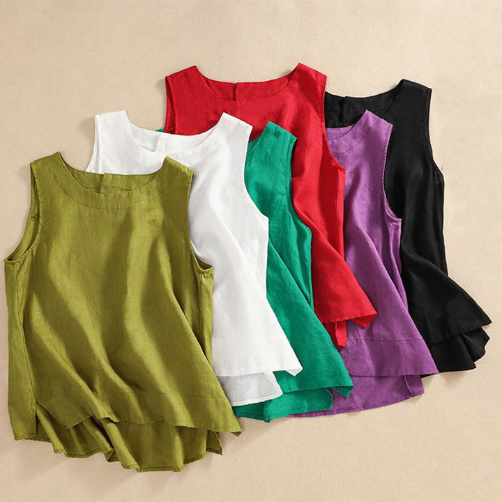 Buddha Stones Casual Solid Color Back Button Asymmetrical Crew Neck Sleeveless Women's Cotton Linen Vest - image 24