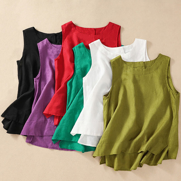 Buddha Stones Casual Solid Color Back Button Asymmetrical Crew Neck Sleeveless Women's Cotton Linen Vest - image 23