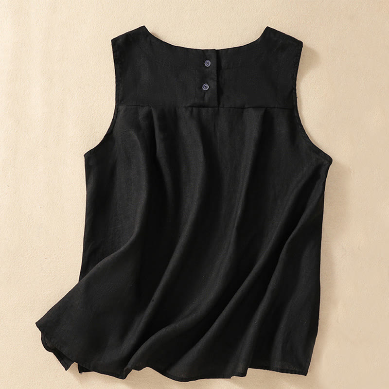 Buddha Stones Casual Solid Color Back Button Asymmetrical Crew Neck Sleeveless Women's Cotton Linen Vest - Black - US8-10，UK/AU12-14，EU40-42 (2XL) - image 19