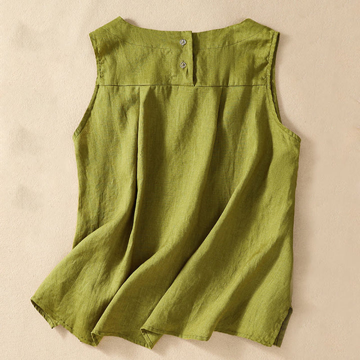 Buddha Stones Casual Solid Color Back Button Asymmetrical Crew Neck Sleeveless Women's Cotton Linen Vest - image 4
