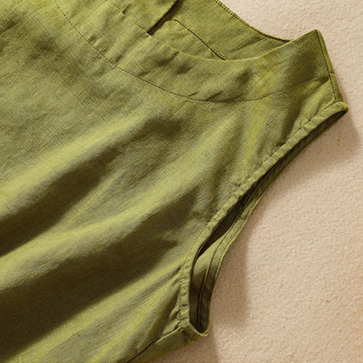 Buddha Stones Casual Solid Color Back Button Asymmetrical Crew Neck Sleeveless Women's Cotton Linen Vest - image 7