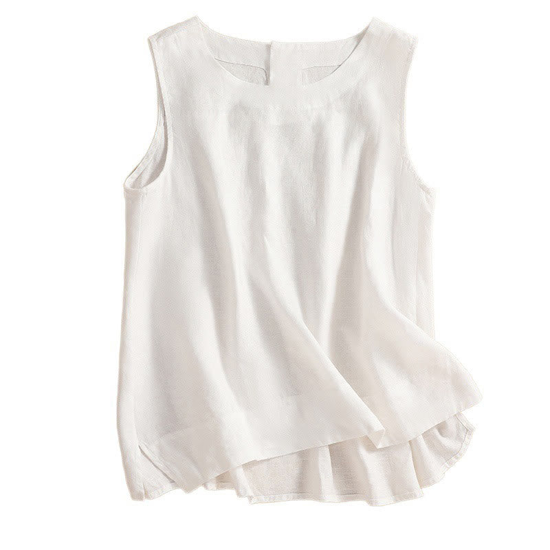 Buddha Stones Casual Solid Color Back Button Asymmetrical Crew Neck Sleeveless Women's Cotton Linen Vest - image 12