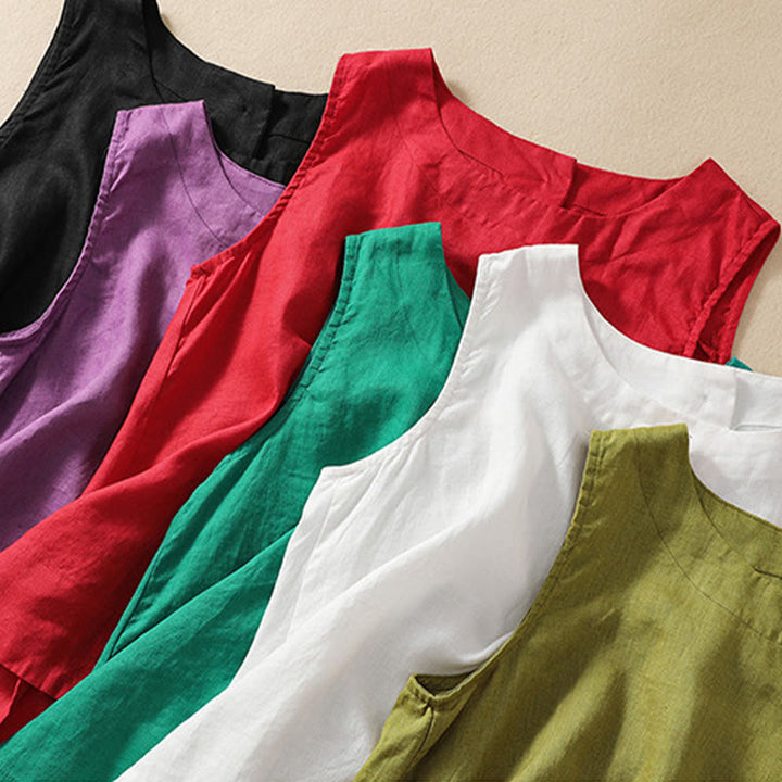 Buddha Stones Casual Solid Color Back Button Asymmetrical Crew Neck Sleeveless Women's Cotton Linen Vest - image 25