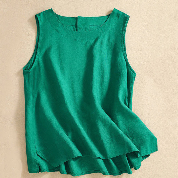 Buddha Stones Casual Solid Color Back Button Asymmetrical Crew Neck Sleeveless Women's Cotton Linen Vest - image 15