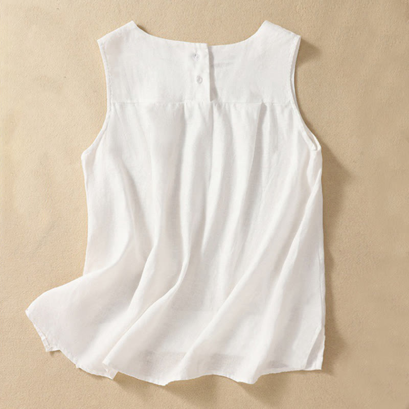 Buddha Stones Casual Solid Color Back Button Asymmetrical Crew Neck Sleeveless Women's Cotton Linen Vest - White - US8-10，UK/AU12-14，EU40-42 (2XL) - image 9