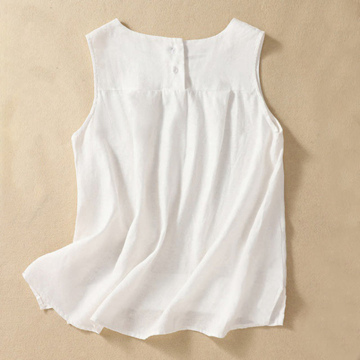 Buddha Stones Casual Solid Color Back Button Asymmetrical Crew Neck Sleeveless Women's Cotton Linen Vest - White - US8-10，UK/AU12-14，EU40-42 (2XL) - image 9