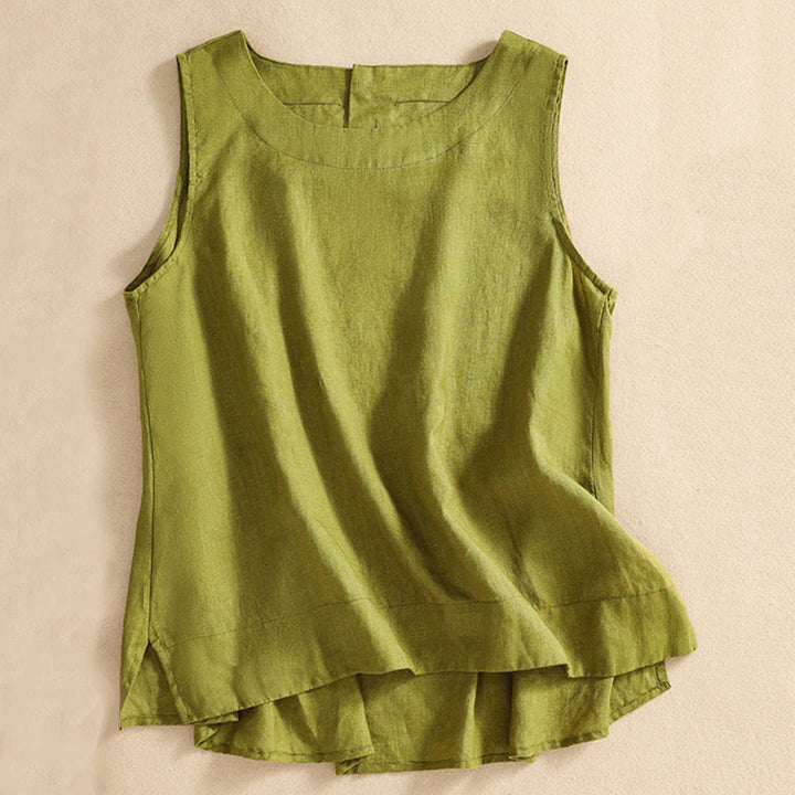 Buddha Stones Casual Solid Color Back Button Asymmetrical Crew Neck Sleeveless Women's Cotton Linen Vest - image 5