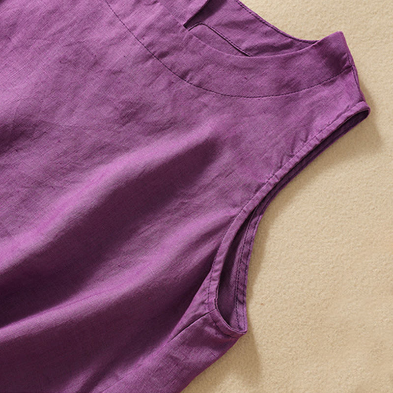 Buddha Stones Casual Solid Color Back Button Asymmetrical Crew Neck Sleeveless Women's Cotton Linen Vest - image 2
