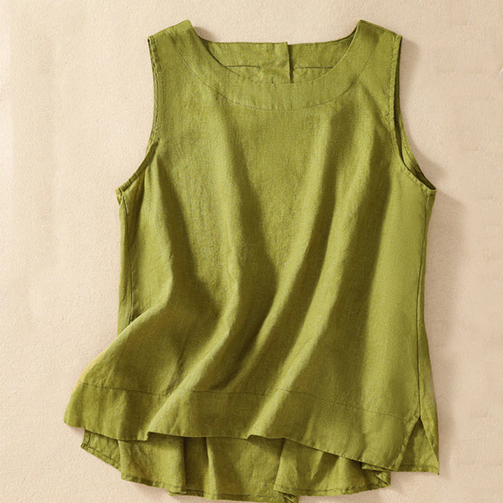 Buddha Stones Casual Solid Color Back Button Asymmetrical Crew Neck Sleeveless Women's Cotton Linen Vest - YellowGreen - US8-10，UK/AU12-14，EU40-42 (2XL) - image 3