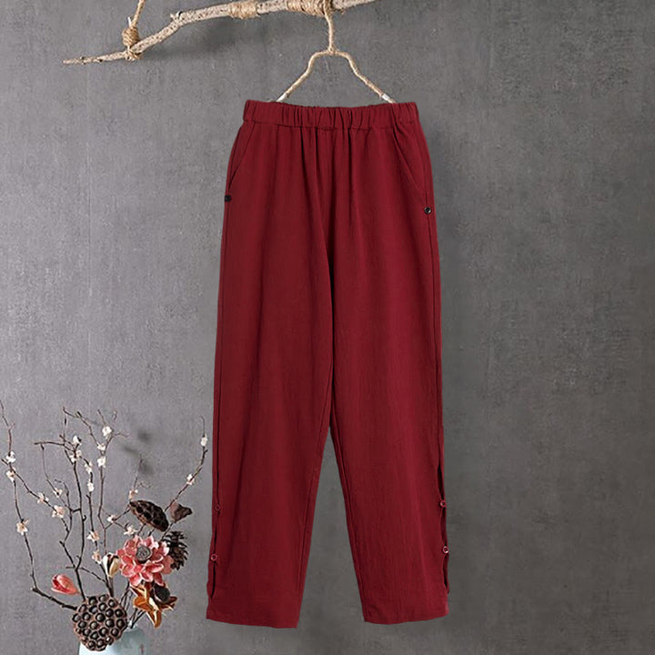 Buddha Stones Casual Pure Color Hollow Button Cuff Design Women's Cotton Linen Pants With Pockets - FireBrick - US14，UK/AU18，EU46 (3XL) - image 12
