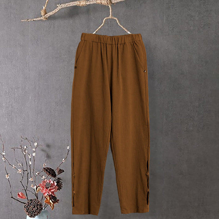 Buddha Stones Casual Pure Color Hollow Button Cuff Design Women's Cotton Linen Pants With Pockets - image 6